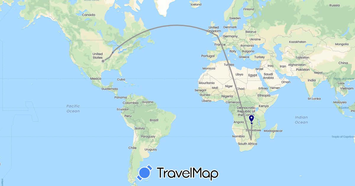 TravelMap itinerary: driving, plane in United Kingdom, United States, South Africa, Zambia (Africa, Europe, North America)